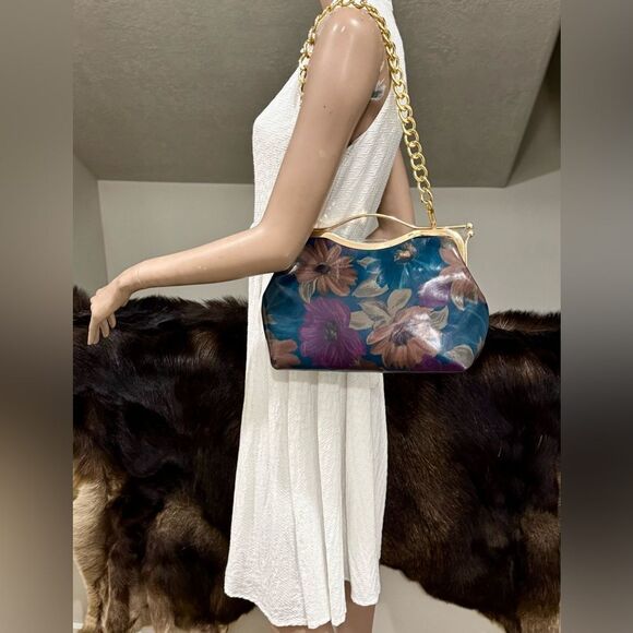 Floral Print Cowhide Leather Handmade Double Kisslock Top Handle Bag/Crossbody - Picture 3 of 15